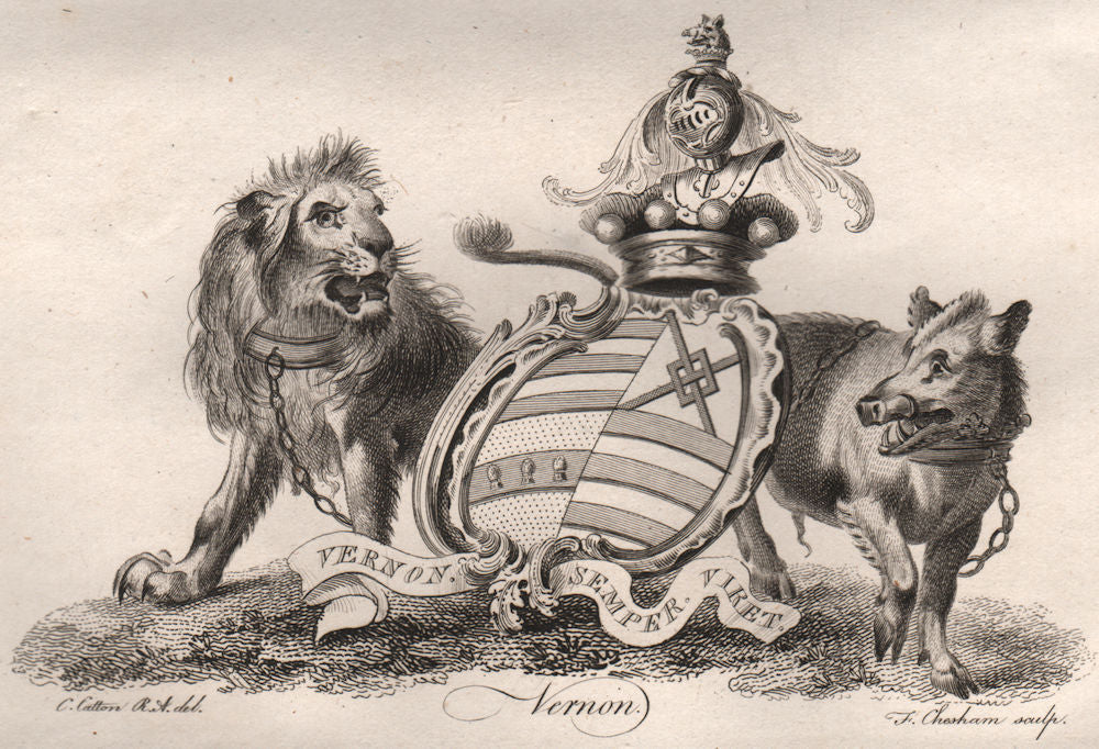 VERNON. Coat of Arms. Heraldry 1790 old antique vintage print picture